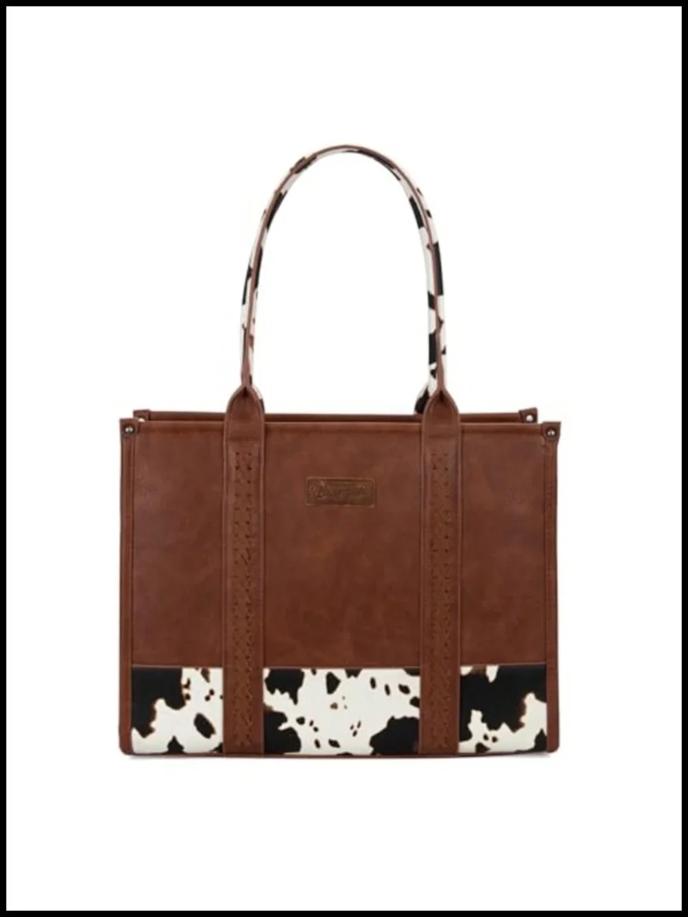 Large Cow Print Tote Bag with Whipstitch Detail Faux Leather Satchel Purse